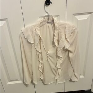 LOFT Petite Cream Ruffle-Trim V-Neck Blouse